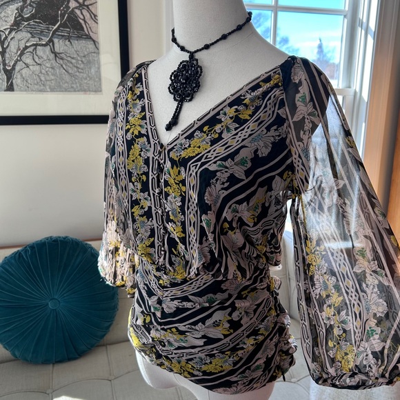 Diane Von Furstenberg Tops - Diane Von Furstenberg Black Floral Sheer Blouse with Yellow & Green Accents